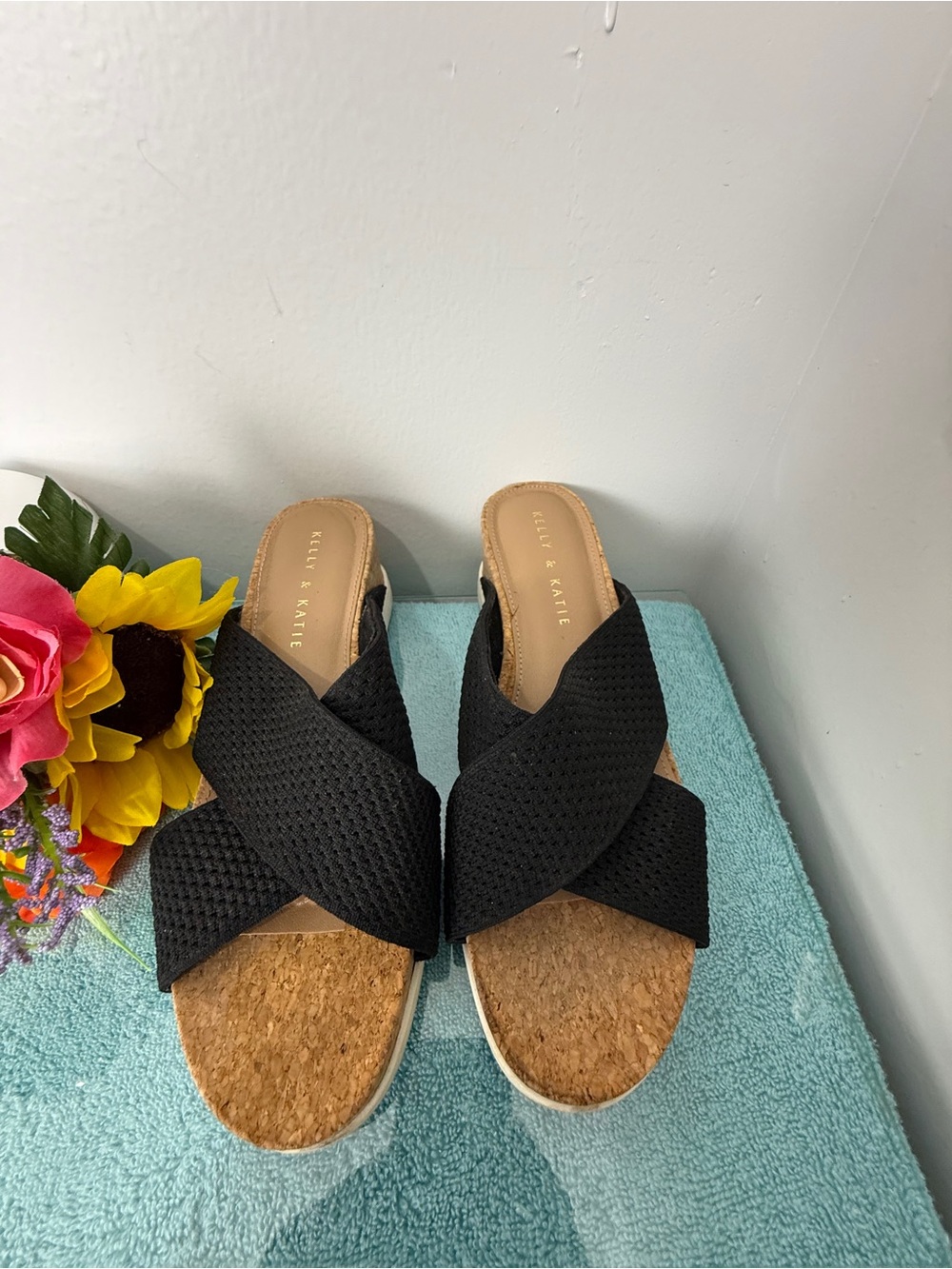 Kelly & Katie Black Crisscross Cork-Effect Slide Mules